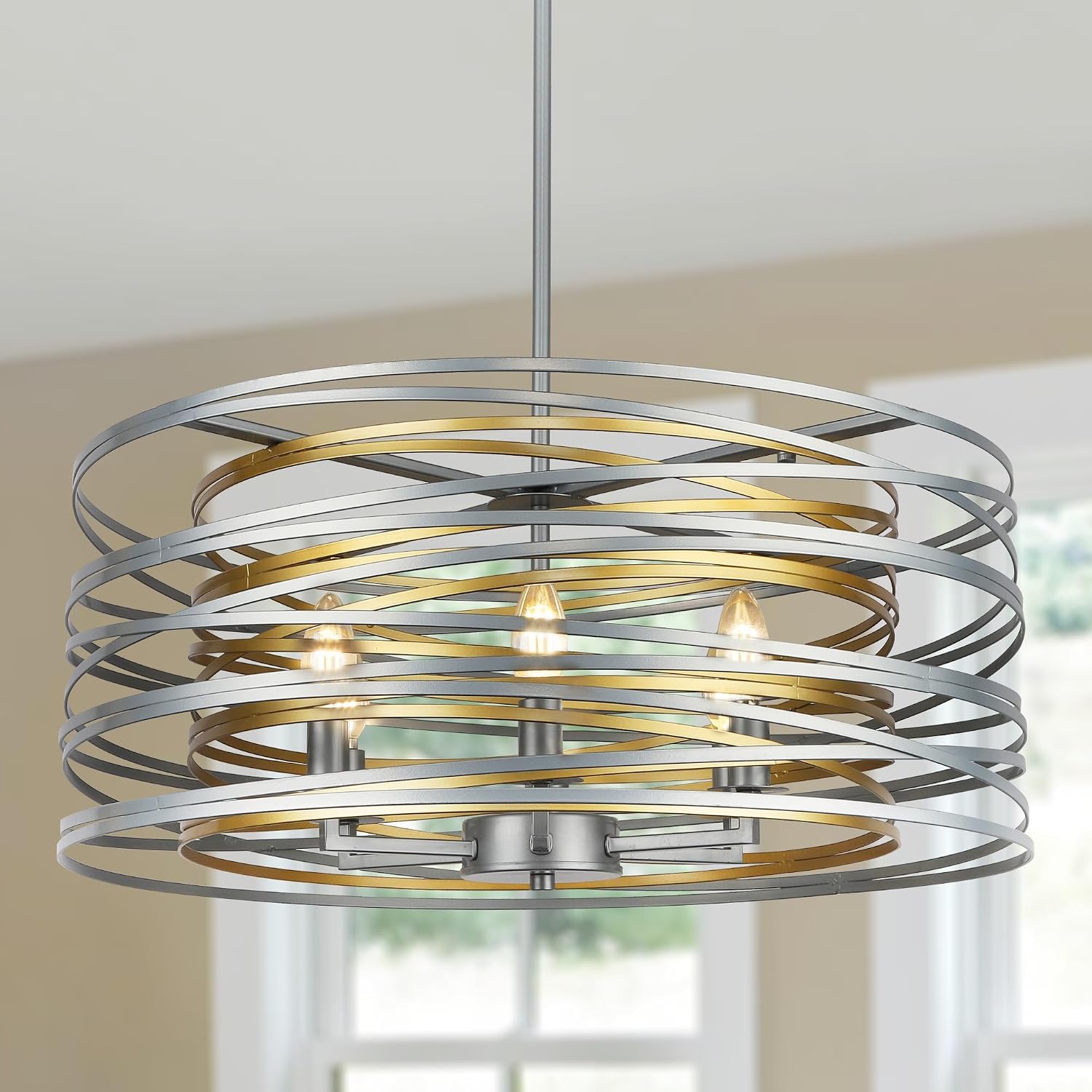 ACNKTZ 23.6'' Large Vintage Round Chandelier, 6-Light Modern Farmhouse Lantern Chandelier, Antique Double Drum Chandelier for Dining Room Entryway Kitchen Island Foyer, Silver with Gold Interior