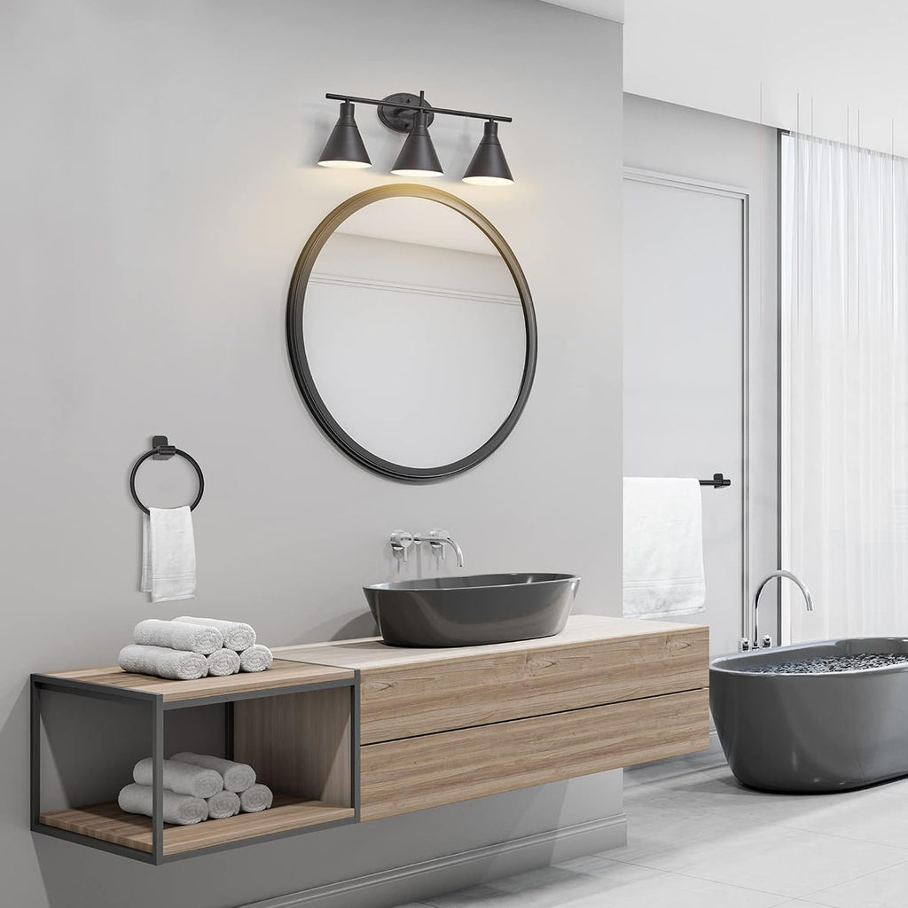 Globe Electric 52060 Tristan 5-Piece All-In-One Bathroom Set, Matte Black, 3-Light Vanity Light, Towel Bar, Toilet Paper Holder, Towel Ring, Robe Hook