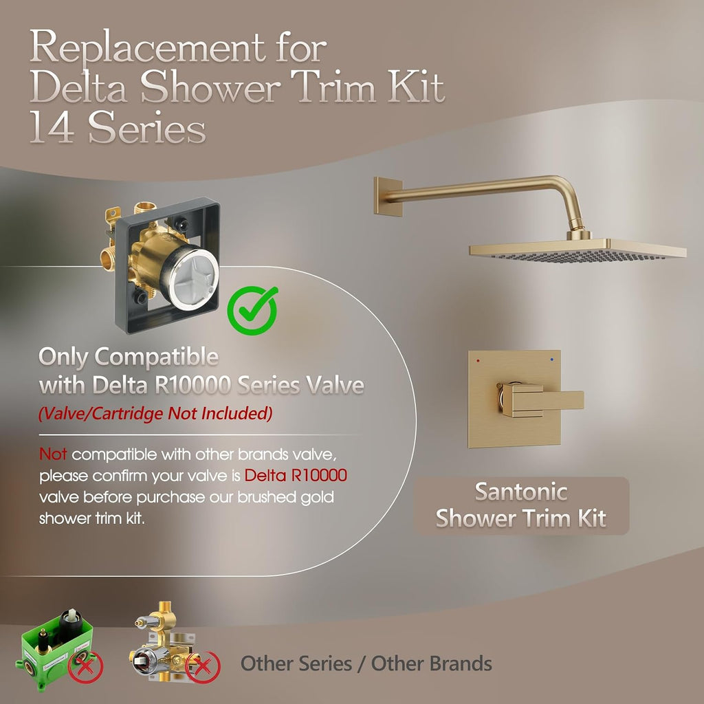 Replacement for Delta Shower Trim Kit Modern 14 Series, 10-Inch Brushed Gold Shower Head and Handle Set, Bathroom Shower Faucet Set with 16-Inch Shower Arm(Valve and Cartridge Not Included)