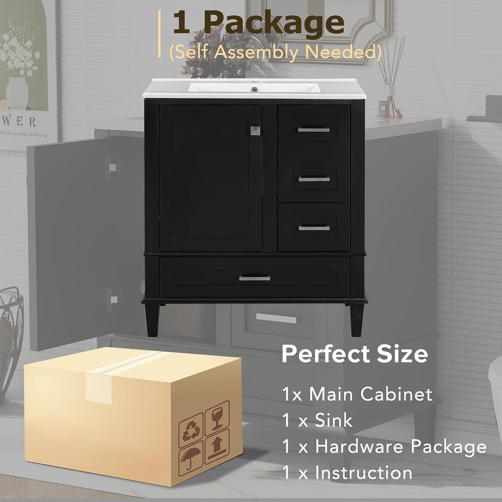 30' Black Bathroom Vanity with Sink Combo Set, Modern Storage Cabinet with a Soft Closing Door and 3 Drawers, Solid Wood Frame