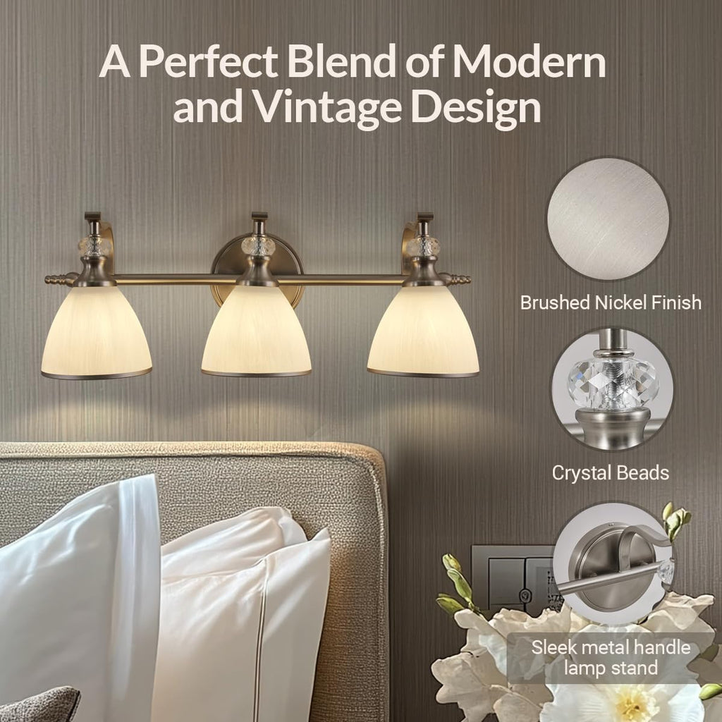 ANDY STAR Bathroom Light Fixture, 3-Light Bathroom Vanity Light Brushed Nickel, Vintage Wall Sconce with Hand-Painted Frosted Lampshade, Wall Lamp in Silver Finish for Bedroom, Living Room, Restroom