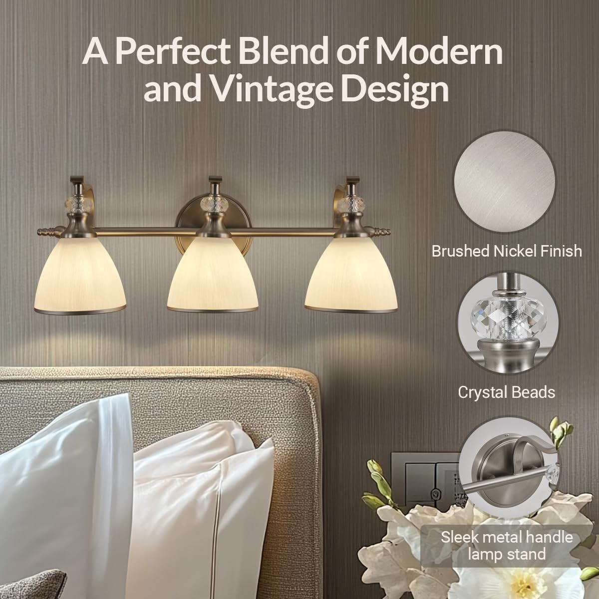 ANDY STAR Bathroom Light Fixture, 3-Light Bathroom Vanity Light Brushed Nickel, Vintage Wall Sconce with Hand-Painted Frosted Lampshade, Wall Lamp in Silver Finish for Bedroom, Living Room, Restroom