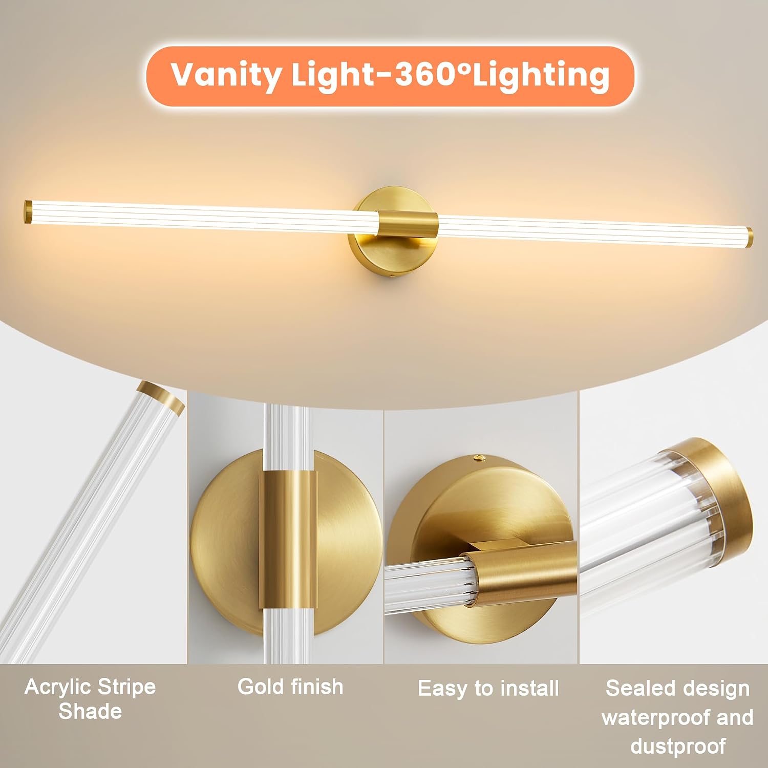 Glod Wall Sconces Set of 2 Hardwired, Dimmable 5CCT LED Bathroom Light Fixtures Over Mirror, 360° Full Lighting 39' Long Vanity Light Bar Modern Wall Sconce for Bathroom Bedroom Living Room