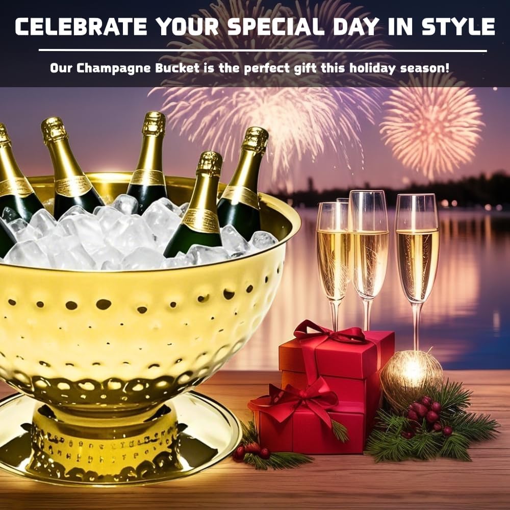 Luxurious Ice Bucket for Parties,Party Sized 12L Drink Cooler for Parties,Gold Stainless Steel Ultimate Champagne Bucket for Celebrations,Buckets for Drinks,Large Ice Bucket for Events