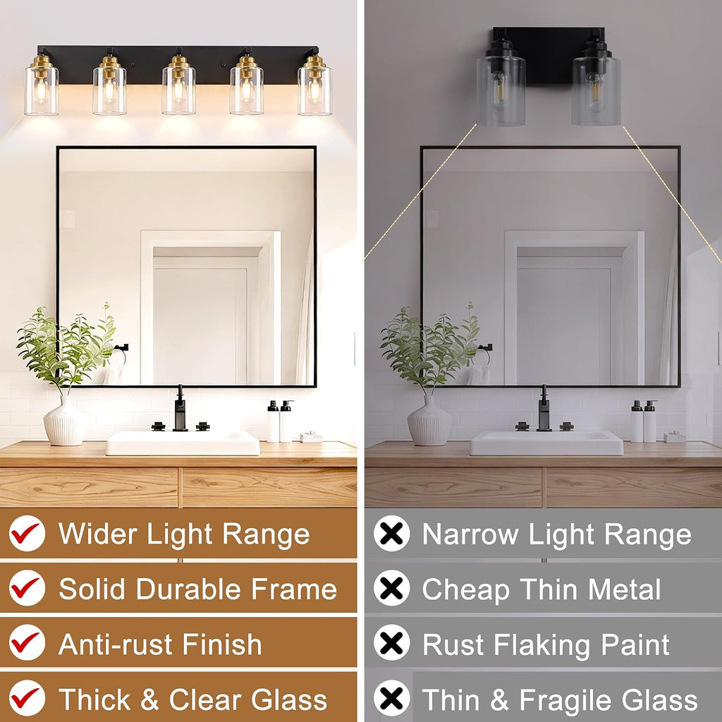 Black and Gold Bathroom Light Fixture, 5 Light Brushed Gold Vanity Light, 35.4' Modern Farmhouse Bathroom Lighting Fixtures Over Mirror, with Clear Glass Shade, Vanity Lights for Bedroom Hallway
