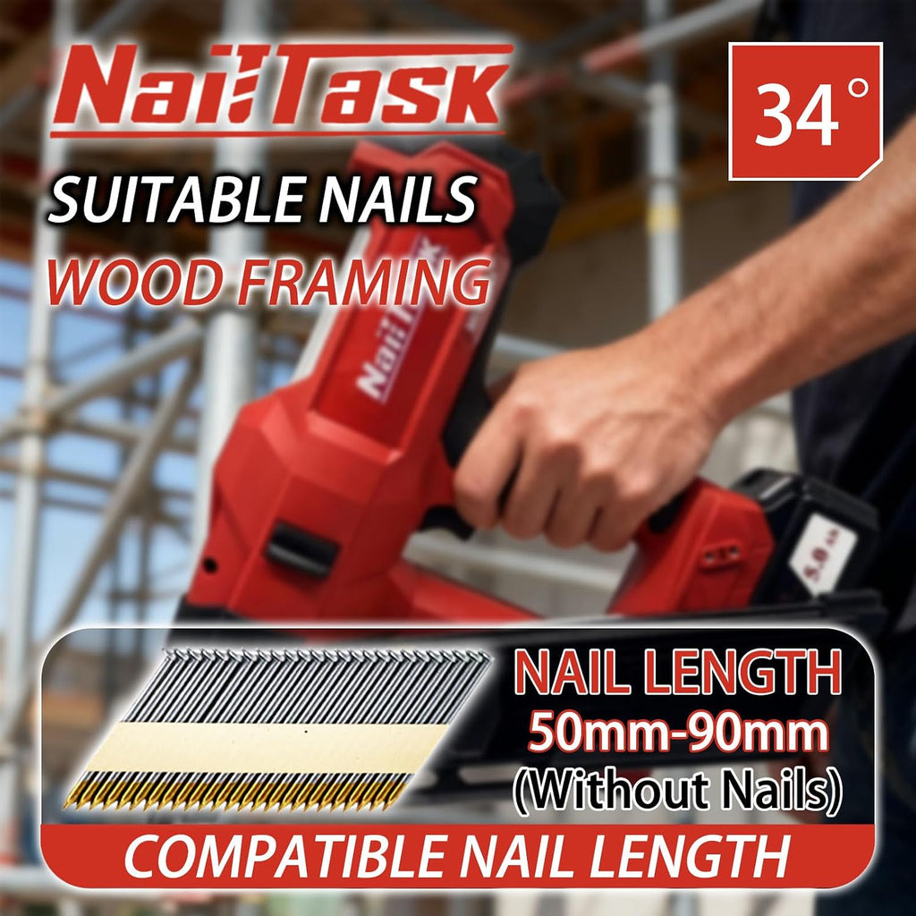 34° Electric Cordless Framing Nail Gun Dual Mode 3 1/2 Inch Pin Nailer Cordless Metal Roofing Set for Construction Furniture Wood Depth Adjust Brushless Motor Power Tools (Without Battery)