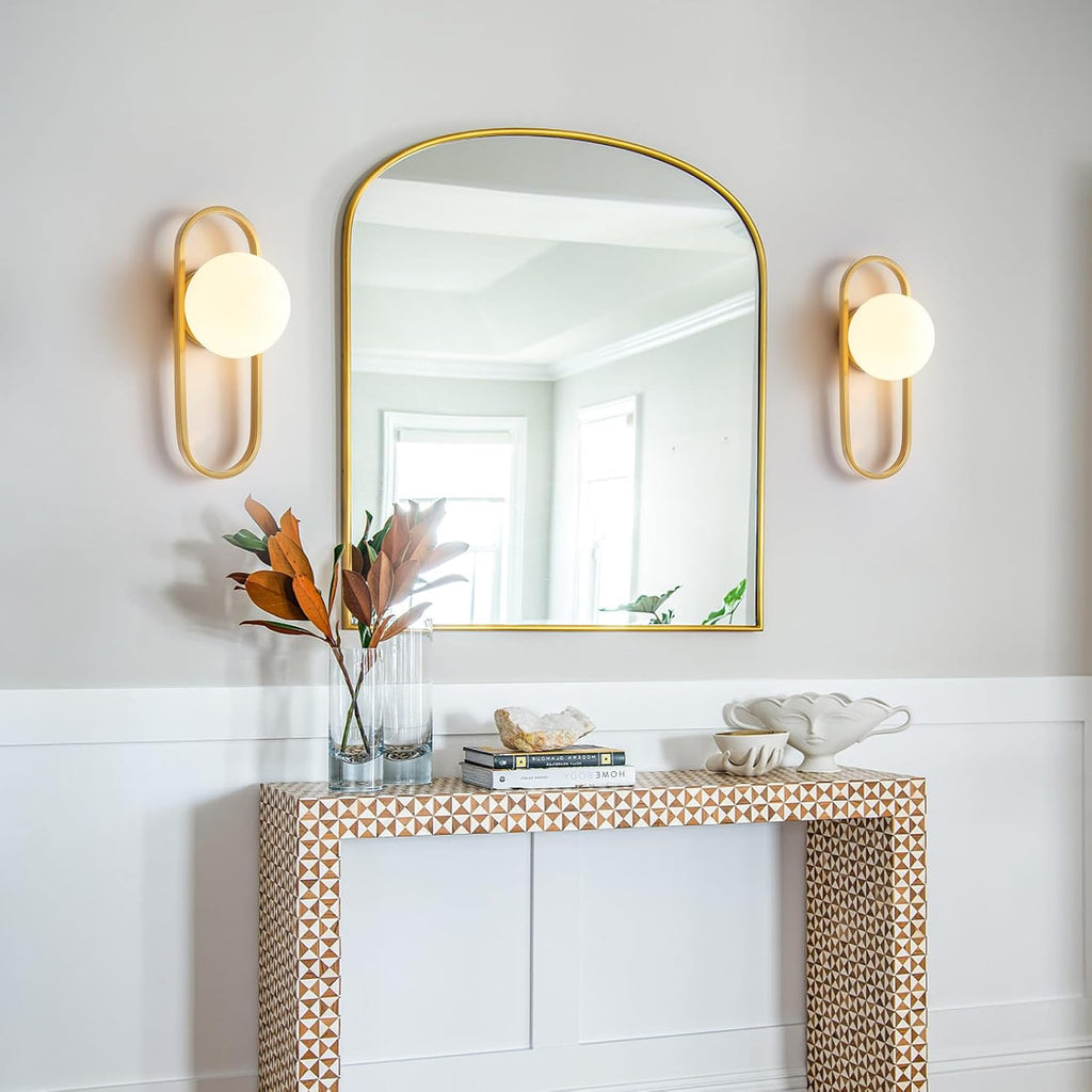 Wall Sconces Set of Two Brushed Gold Wall Lamp Sconces Wall Lighting with White Globe Glass Shade Wall Lights Sconces Wall Decor Set of 2 Wall Lights for Living Room Wall Lamps for Bedrooms Set of 2