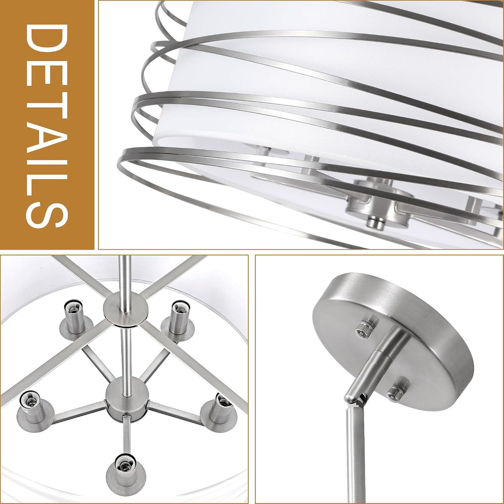 ACNKTZ 19.7'' Brushed Nickel Drum Chandeliers for Dining Room, 5-Lights Kitchen Chandeliers Over Table, Entryway Light Fixture Hanging, Industrial Round Chandelier for Living Room Stairwell Bedroom