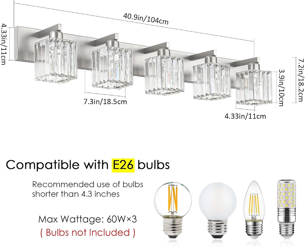 Aipsun Brushed Nickel Bathroom Lighting Fixtures 5 Light Vanity Light Crystal Modern Bathroom Vanity Light (Exclude Bulb)