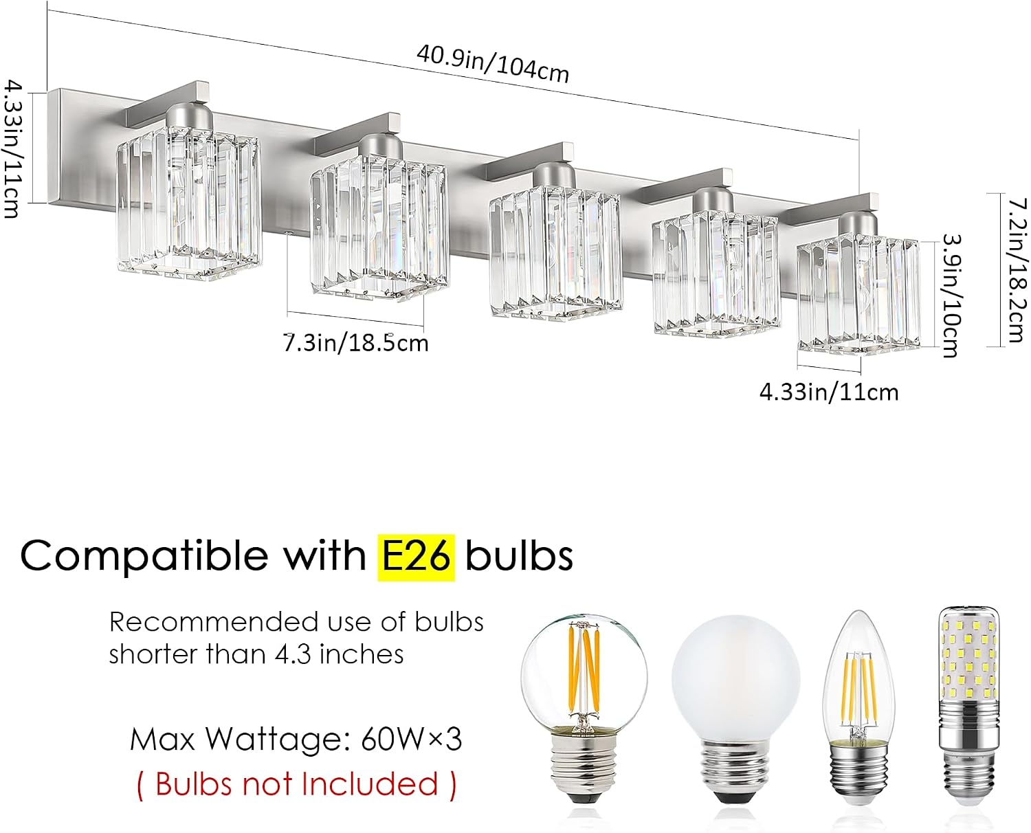 Aipsun Brushed Nickel Bathroom Lighting Fixtures 5 Light Vanity Light Crystal Modern Bathroom Vanity Light (Exclude Bulb)