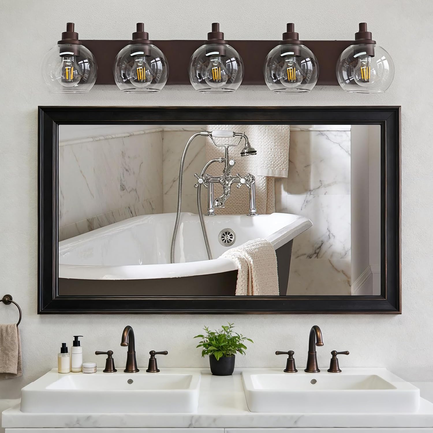 IZORRO Bathroom Light Fixtures, 5-Light Oil Rubbed Bronze Vanity Light, Modern Wall Sconces with Globe Clear Glass Shade, Vanity Lighting Fixtures Over Mirror,E26 Bulb Socket