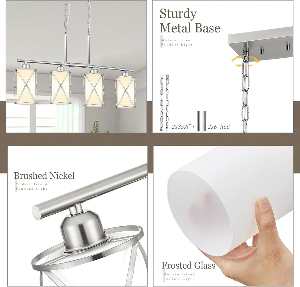 4-Light Kitchen Island Lighting, Linear Brushed Nickel Dining Room Light Fixtures with Milk Glass, Modern Industrial Chandelier Pendant Light for Kitchen Island Dining Room, CH9176BNW-4IS
