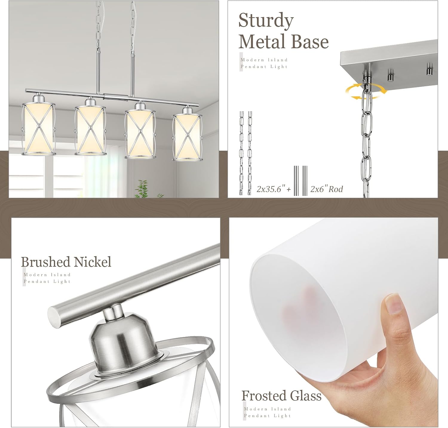 4-Light Kitchen Island Lighting, Linear Brushed Nickel Dining Room Light Fixtures with Milk Glass, Modern Industrial Chandelier Pendant Light for Kitchen Island Dining Room, CH9176BNW-4IS