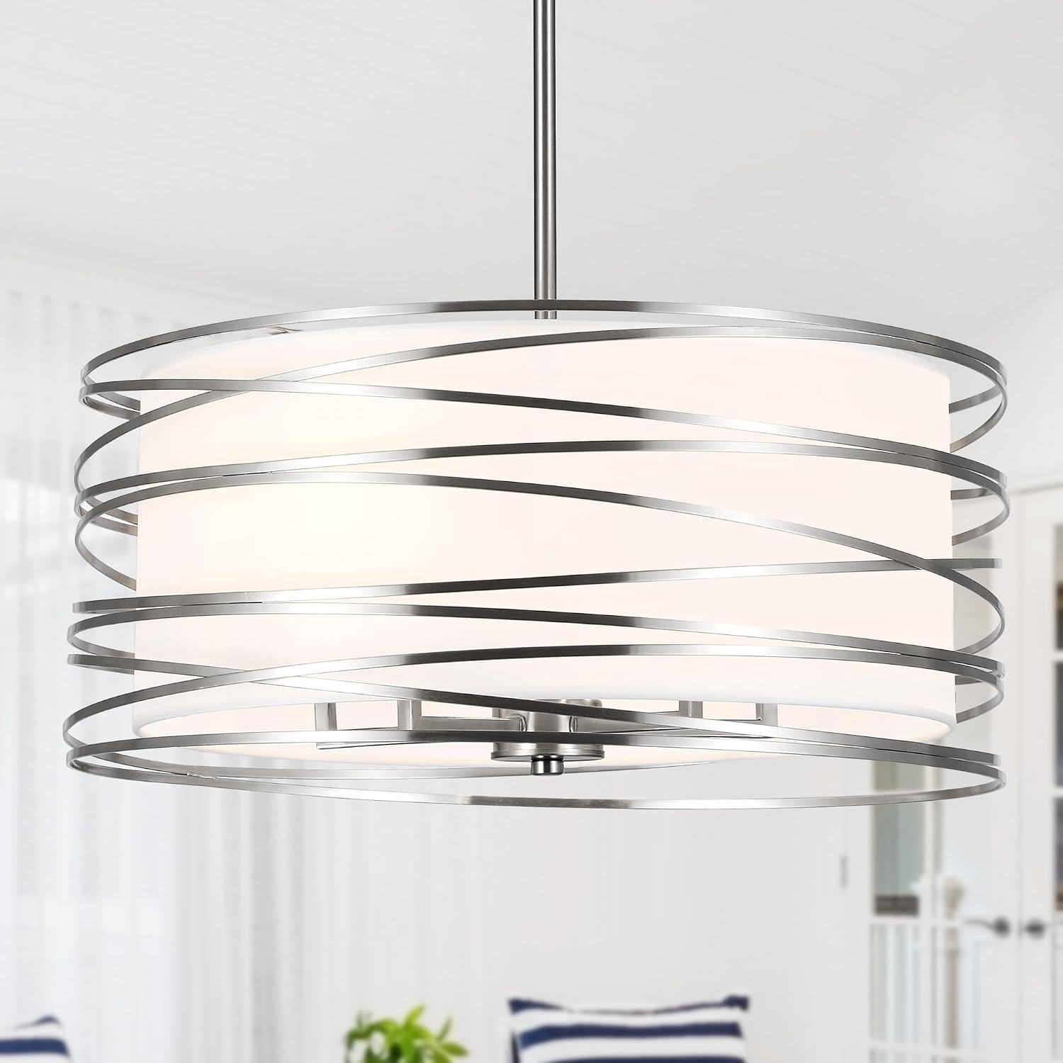 ACNKTZ 19.7'' Brushed Nickel Drum Chandeliers for Dining Room, 5-Lights Kitchen Chandeliers Over Table, Entryway Light Fixture Hanging, Industrial Round Chandelier for Living Room Stairwell Bedroom
