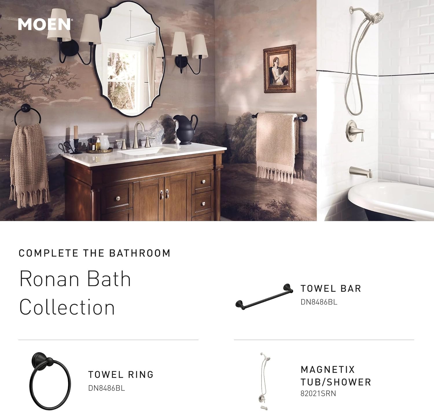 Moen Ronan Spot Resist Brushed Nickel Single-Handle Modern Tub and Shower Faucet with Round Handheld Rain Shower Spray Head Featuring Magnetix, Valve Included, 82021SRN