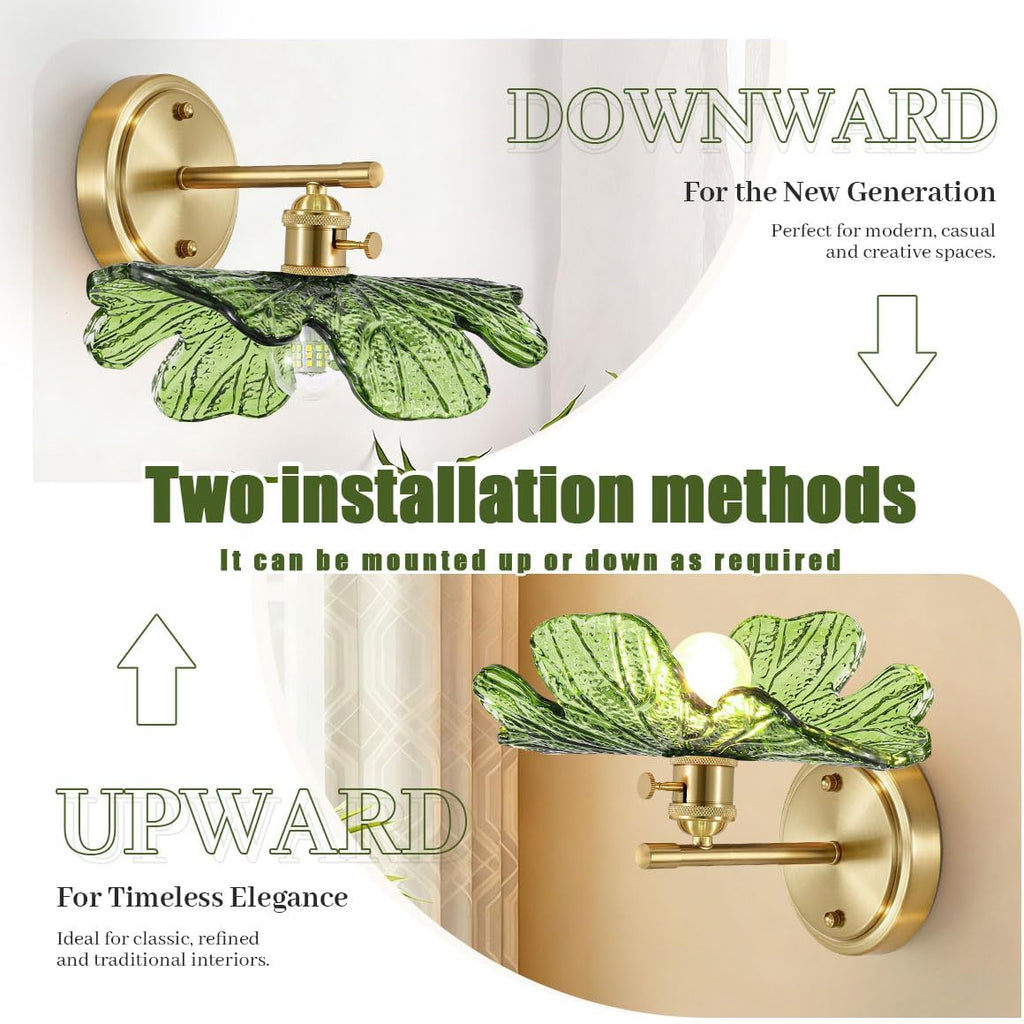 Green Glass Sconce 2 Light Leaf Bathroom Vanity Light Mid Century | Vintage Wall Sconces Set of 2 Gold Wall Lamp, E26 Brass Base, Vanity Light fixtures, Living Room Hallway Entryway