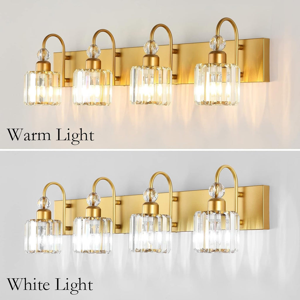 Ralbay Gold Vanity Lights 4-Lights Gold Crystal Bathroom Vanity Lights Over Mirror Modern Crystal Bathroom Wall Lighting Fixtures