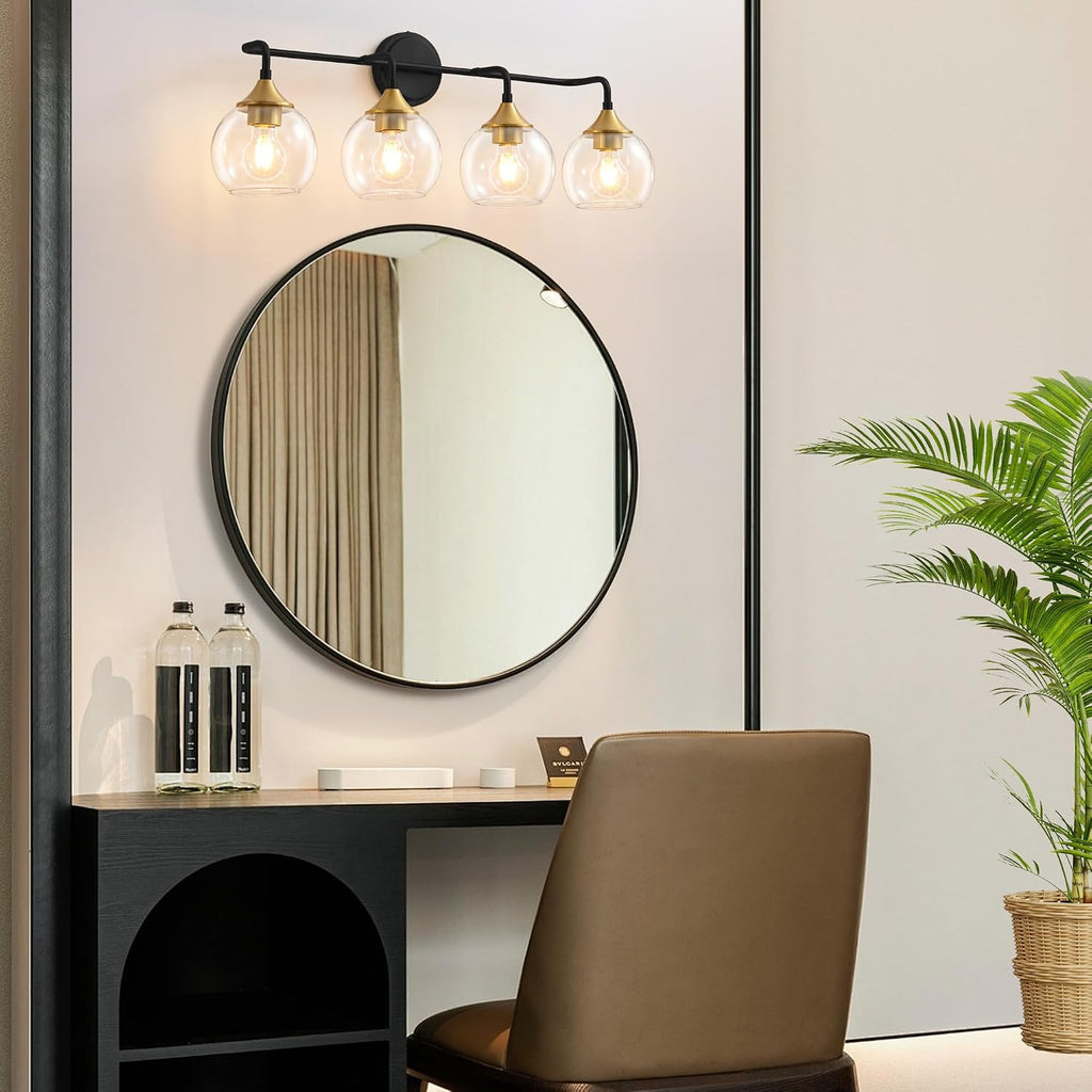 Bathroom Vanity Light with Clear Glass Shade, E26 Base, 31 Inch Vanity Lighting Fixtures Over Mirror, Vanity Lights for Bathroom (Exclude E26 Bulb) - Black and Gold, 4-Lights