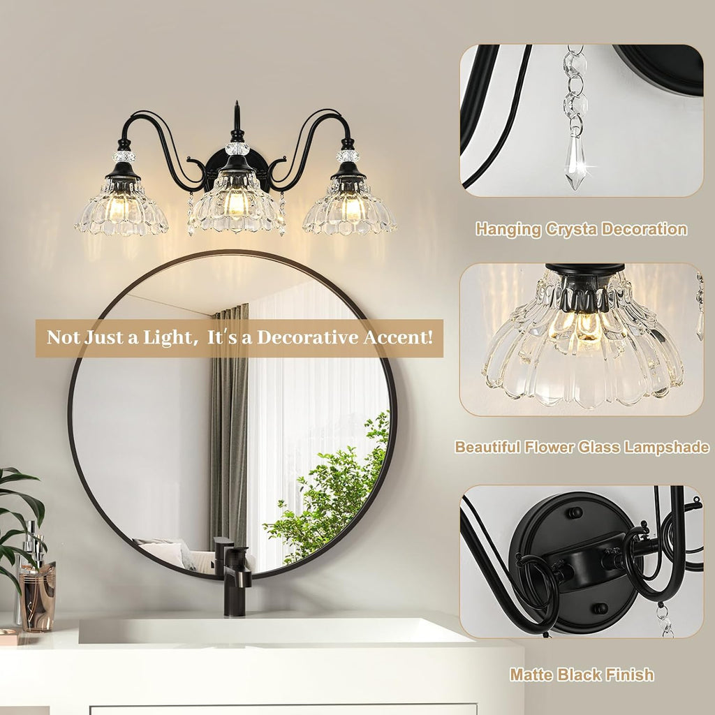 Black Bathroom Vanity Light, 3-Light Matte Black Finish Farmhouse Wall Sconce with Hanging Crystal Accents and Flower-Shaped Clear Glass Shades, Retro Wall Mount Vanity Light Over Mirror for Bathroom