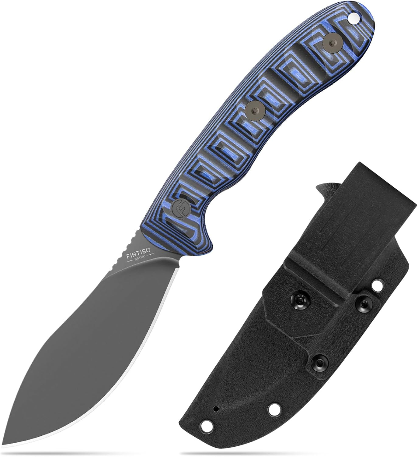 FINTISO Nazar Fixed Blade Knife with Kydex Sheath, 4.24' 14C28N Blade Blue & Black G10 Handles, Titanium-coated, Full Tang Design, Lanyard, for Men Outdoor Activities, Camping, Hiking, EDC Carry.