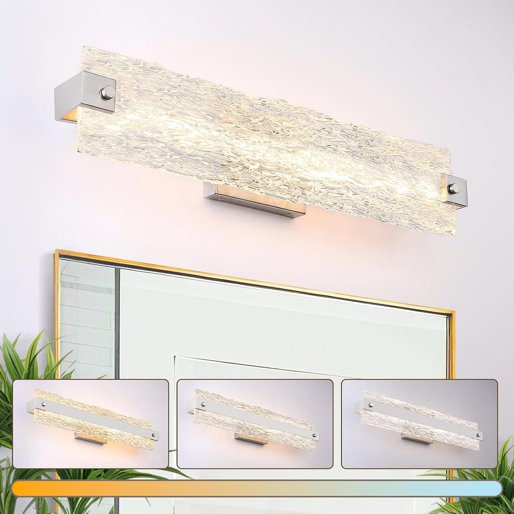 Brushed Nickel LED Bathroom Vanity Light, 24.4 Inch 15W Modern Dimmable Bathroom Light Fixture Over Mirror, Crystal Bar Wall Sconce Lighting for Bath, 3CCT, OS-MM5001-3BN