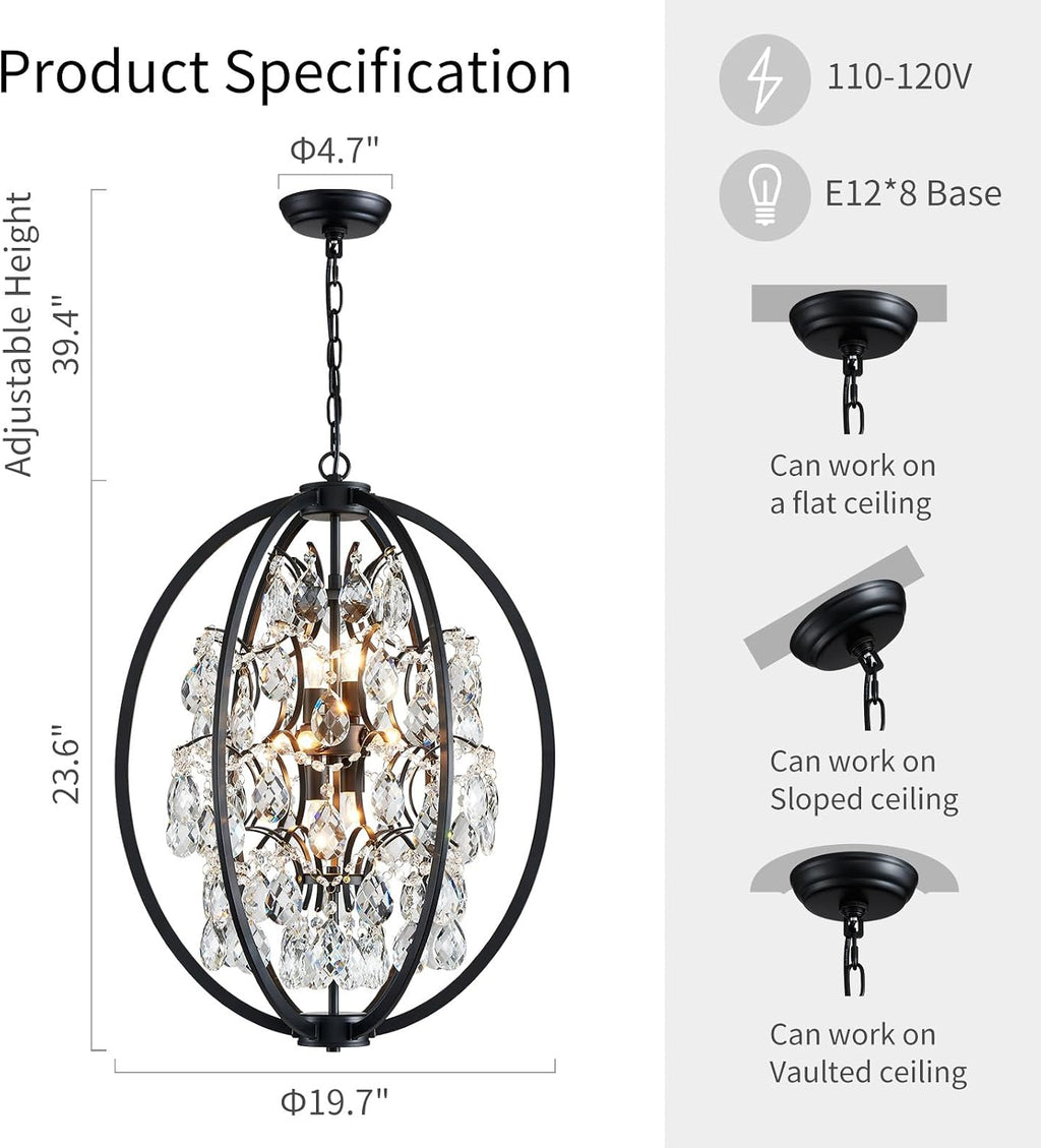 WUZUPS Globe Crystal Chandelier Raindrop Pendant Flushmount Ceiling Light Modern Lighting Fixture for Bedroom Hallway Bar Kitchen Bathroom, H 23.6' x W 19.7', Black, 8 E12 Base