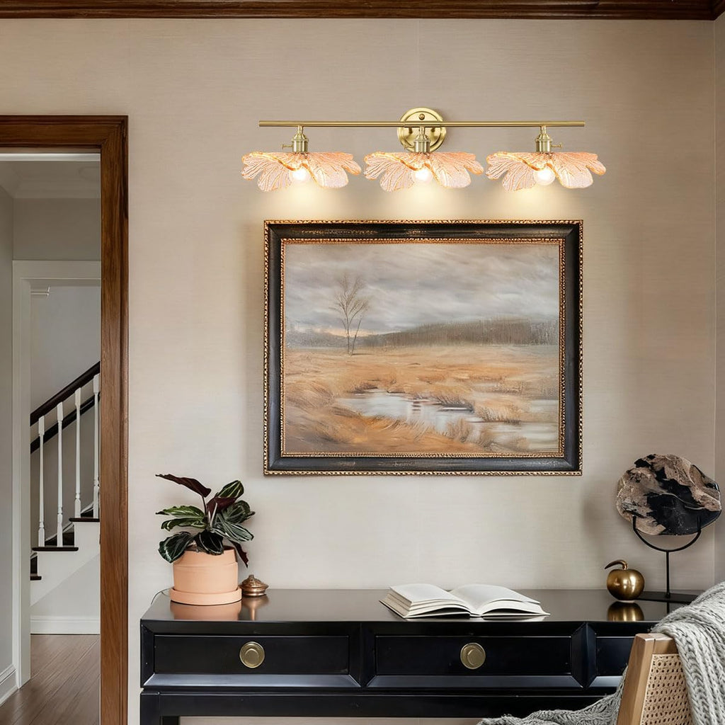 3 Light Bathroom Vanity Lighting, Gold Brass Wall Mount Light with Amber Flower Petal Glass Shade, Mid Century Vanity Lights Over Mirror for Living Room Hallway