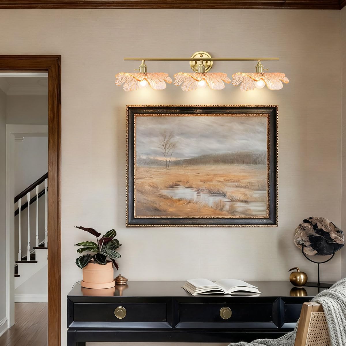 3 Light Bathroom Vanity Lighting, Gold Brass Wall Mount Light with Amber Flower Petal Glass Shade, Mid Century Vanity Lights Over Mirror for Living Room Hallway