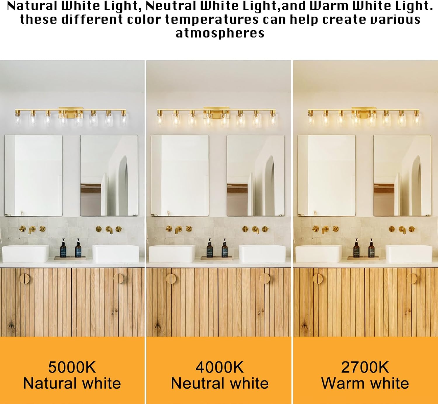 8 Light Gold Bathroom Light Fixtures, Modern Large Vanity Lights with Clear Glass Shade, Brushed Brass Bathroom Lighting Fixtures Over Mirror, Wall Scones Light for Bedroom, Living Room