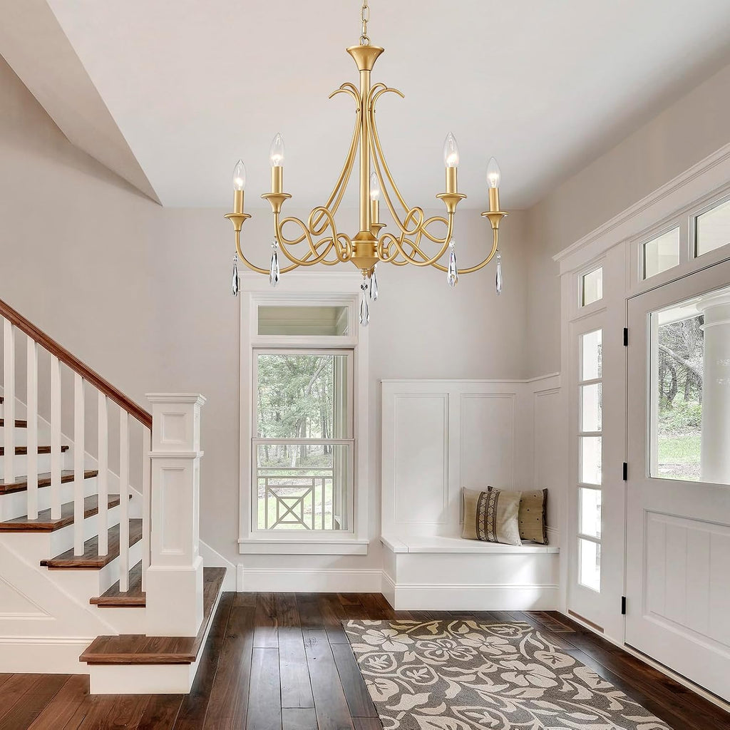 5-Light Farmhouse Chandeliers for Dining Room Lighting Fixtures Hanging, Rustic Gold Candle Modern Chandelier Vintage Hanging Ceiling Lamp for Bedroom Kitchen Island Living Room Entryway Foyer, Gold