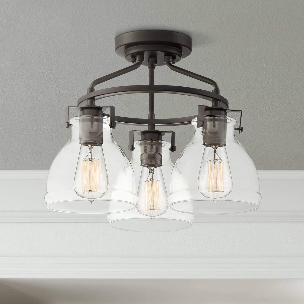 Possini Euro Design Bellis Industrial Rustic Farmhouse Ceiling Light Semi Flush-Mount Fixture 14 1/2' Wide Bronze 3-Light Clear Glass Shade for Bedroom Kitchen Living Room Hallway Dining Room House