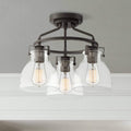 Possini Euro Design Bellis Industrial Rustic Farmhouse Ceiling Light Semi Flush-Mount Fixture 14 1/2' Wide Bronze 3-Light Clear Glass Shade for Bedroom Kitchen Living Room Hallway Dining Room House