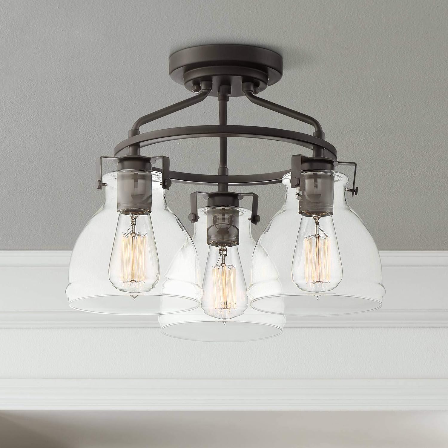Possini Euro Design Bellis Industrial Rustic Farmhouse Ceiling Light Semi Flush-Mount Fixture 14 1/2' Wide Bronze 3-Light Clear Glass Shade for Bedroom Kitchen Living Room Hallway Dining Room House