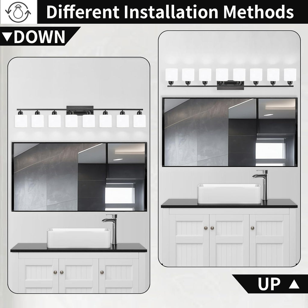8 Light Black Bathroom Light Fixtures Over Mirror for Big Mirror, Modern Bathroom Lighting with Milky White Frosted Glass Shades,51 inch Lights for Vanity for Mirrors, E26