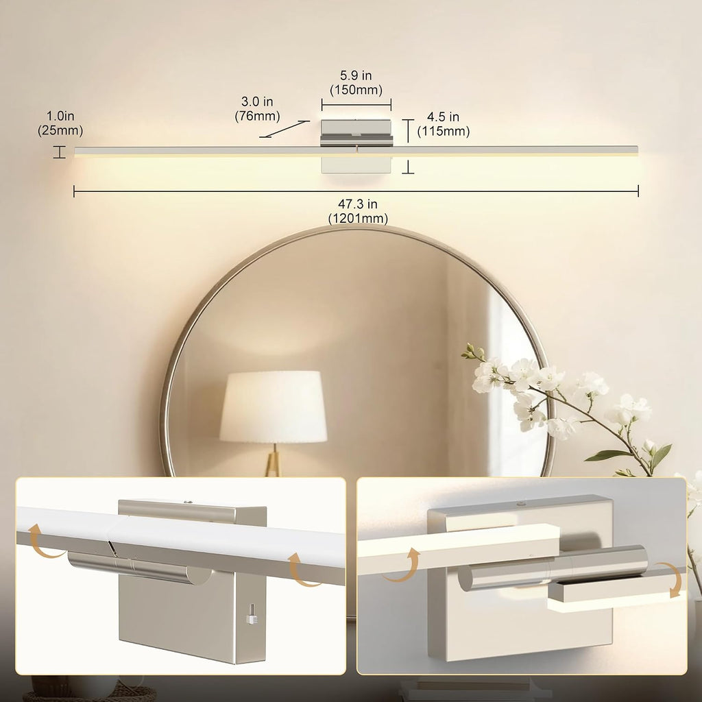 L LOHAS LED 47.3-Inch Bathroom Vanity Light Bar Over Mirror, 180° Rotatable Brushed Nickel Modern Bathroom Light Fixtures, Adjustable LED Vanity Lights for Living Room Wall