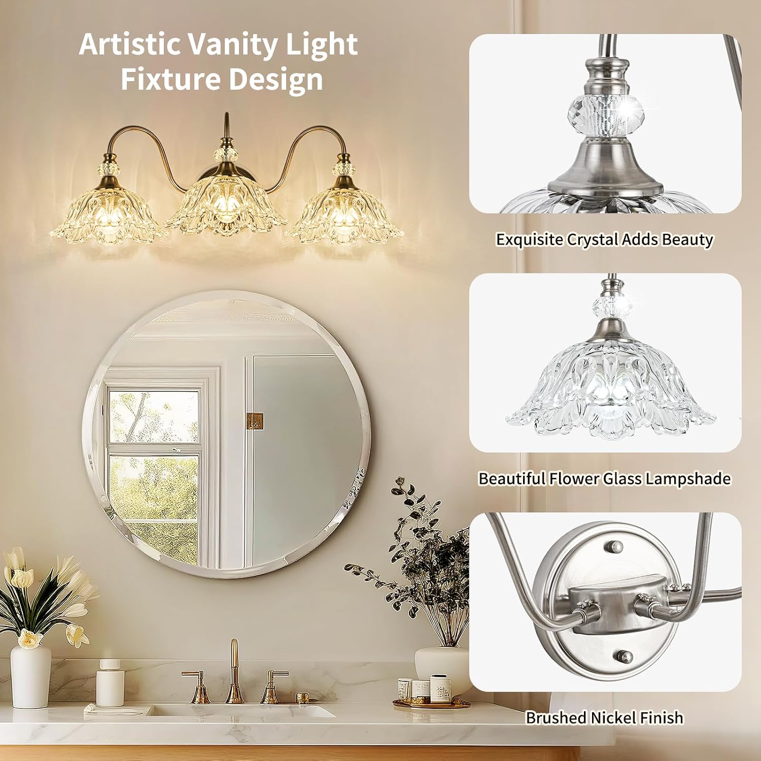 Brushed Nickel 3-Light Bathroom Vanity Light with Floral Clear Glass Shades, Brushed Nickel Wall Mount Lighting for Bathroom, Dressing Table