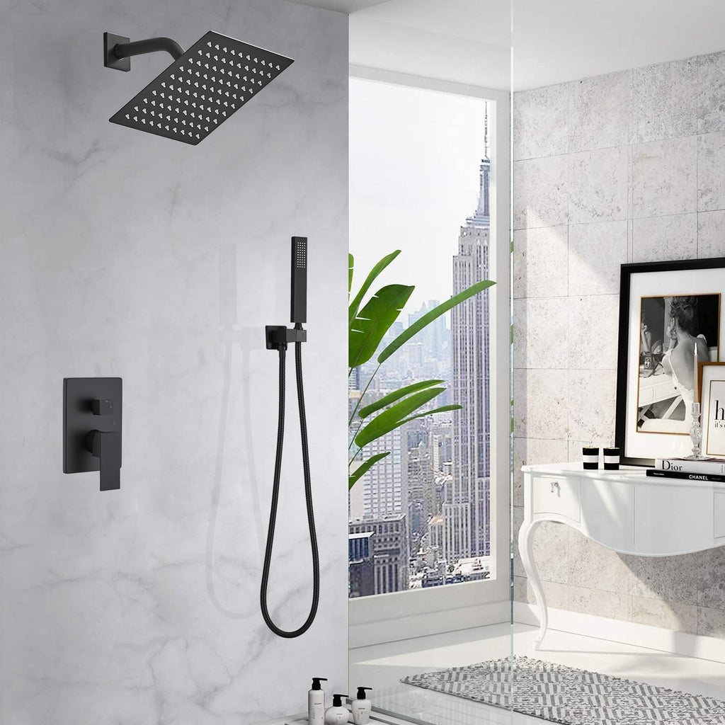 Matte Black Shower System Bathroom Rainfall Shower Faucet Set Complete Wall Mounted 8 Inch Shower Head and Handle Set with Rough-in Valve Body and Trim Kit
