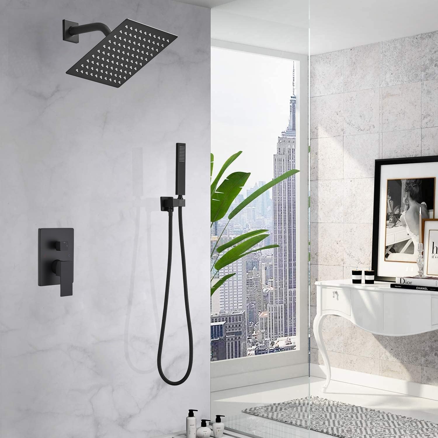 Matte Black Shower System Bathroom Rainfall Shower Faucet Set Complete Wall Mounted 8 Inch Shower Head and Handle Set with Rough-in Valve Body and Trim Kit