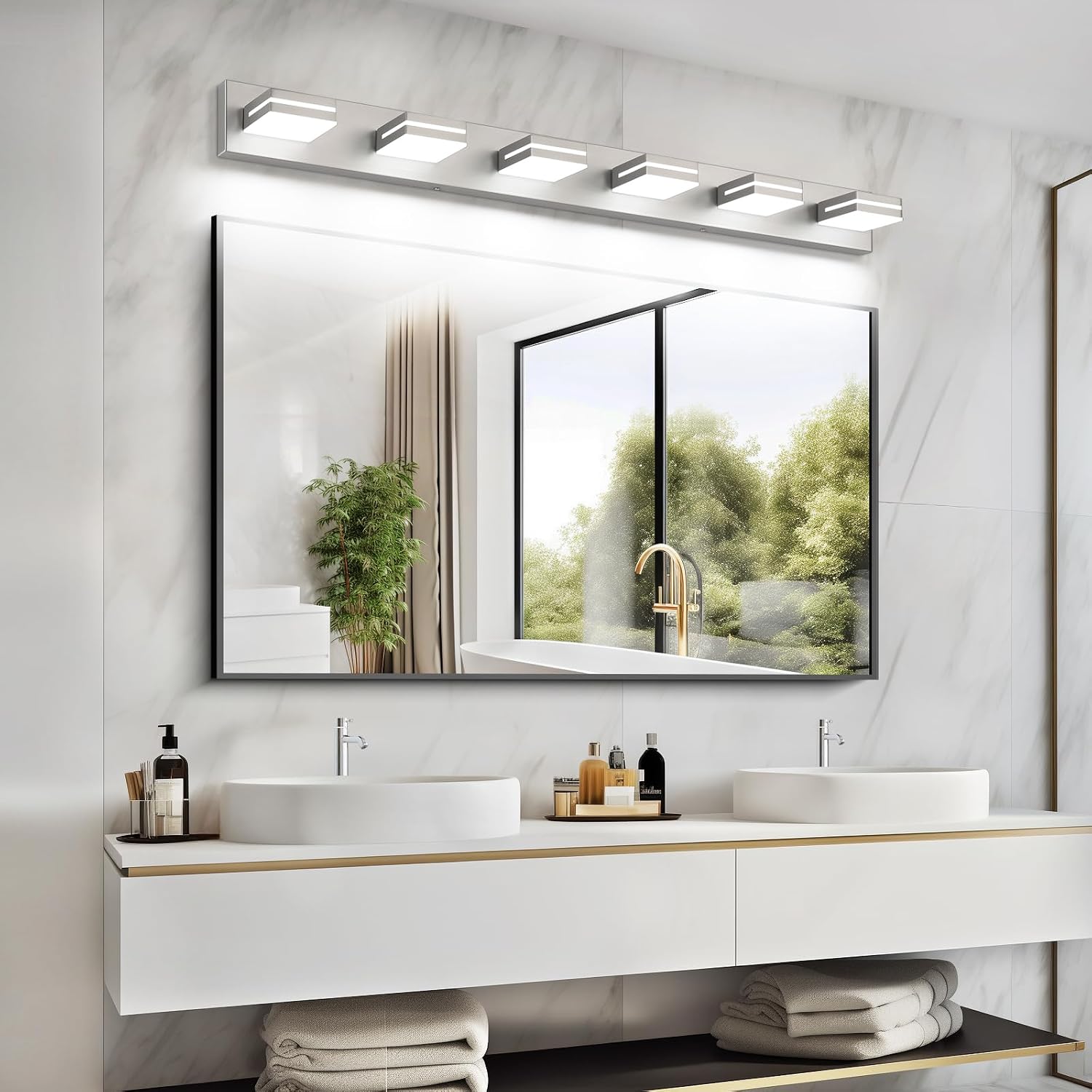 SineRise LED Modern Bathroom Vanity Light Fixtures (6-Light, 48-Inch), Brushed Nickel Modern Acrylic Bathroom Wall Lighting Fixtures Over Mirror (Cool White 6000K)