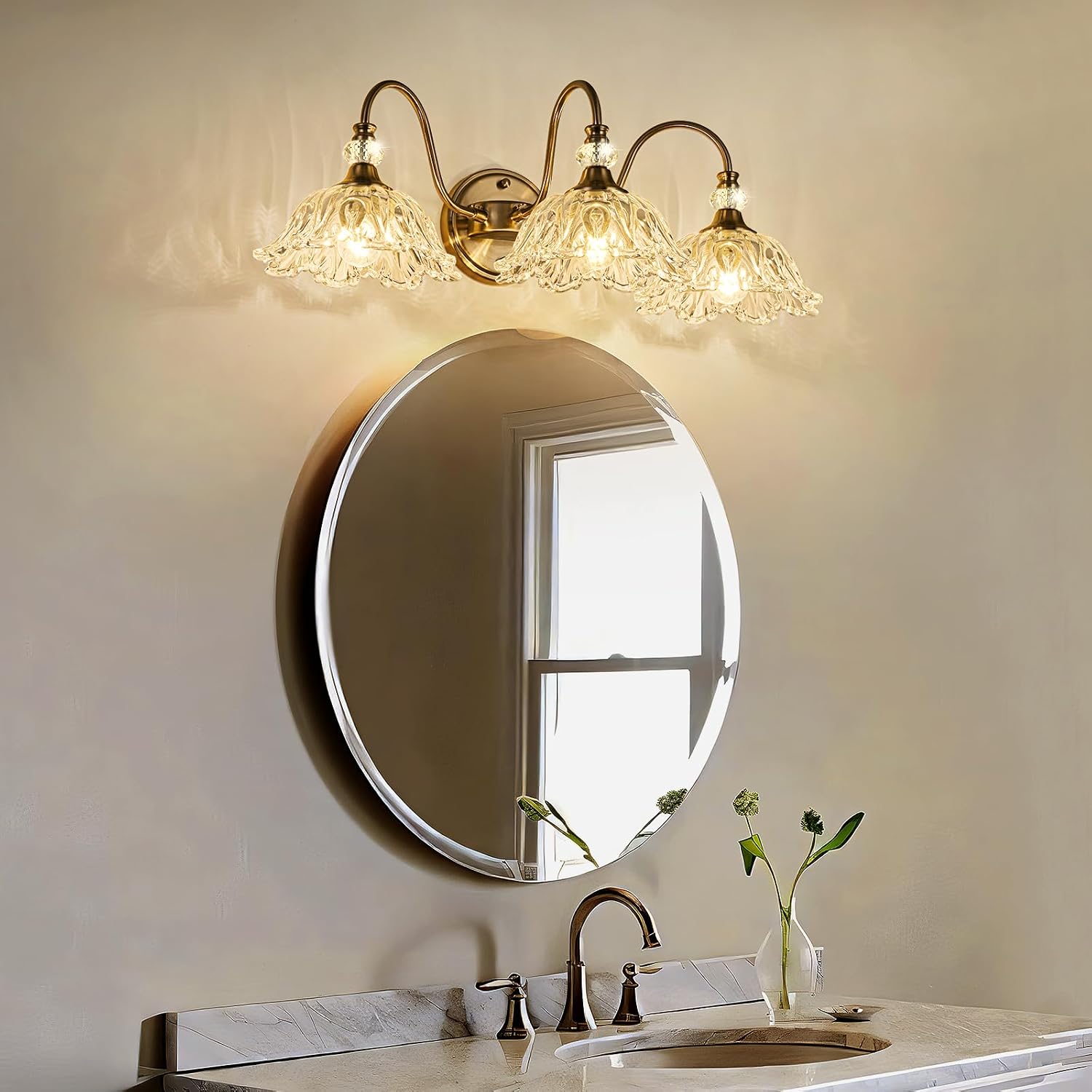 Brushed Nickel 3-Light Bathroom Vanity Light with Floral Clear Glass Shades, Brushed Nickel Wall Mount Lighting for Bathroom, Dressing Table