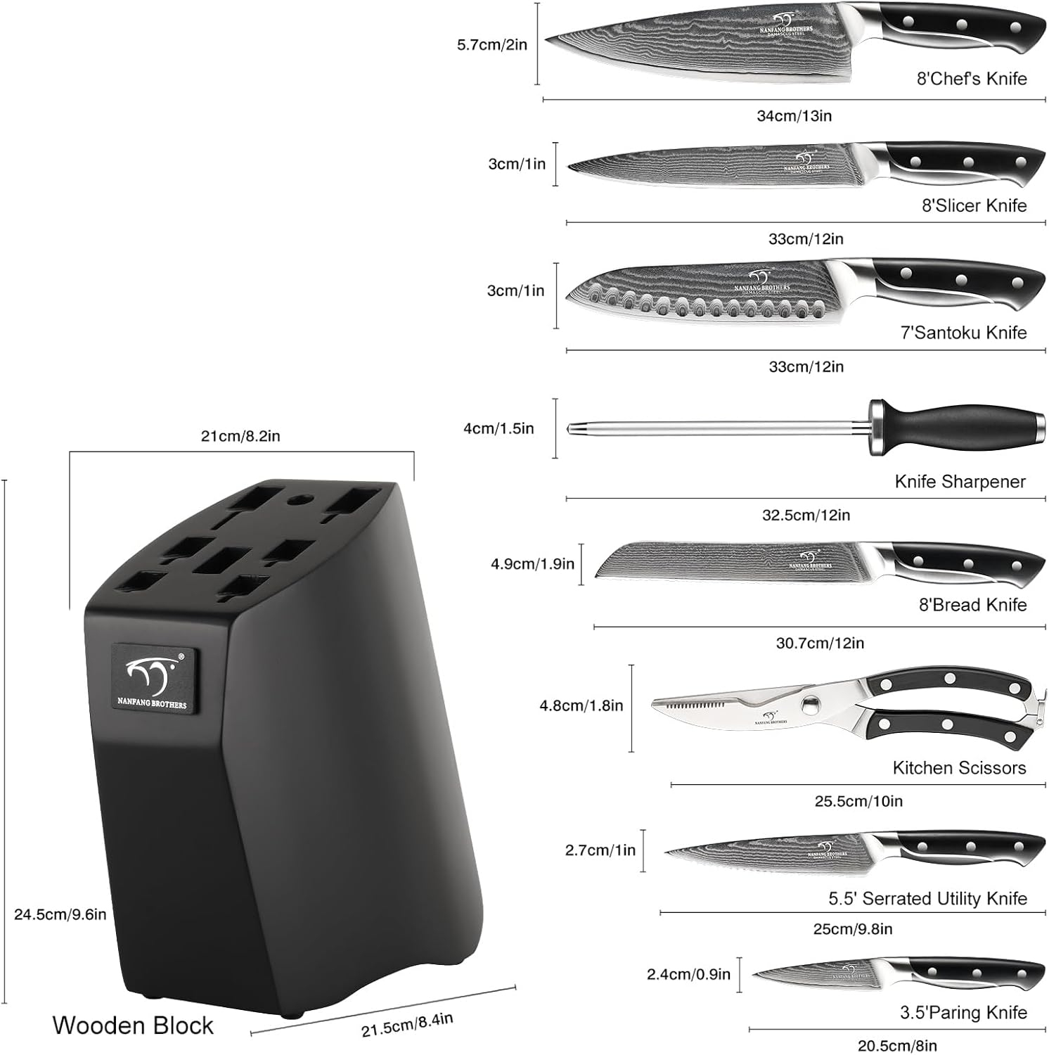Damascus Kitchen Knife Sets, 9 Pieces Kitchen Knives Set with Block, ABS Ergonomic Handle for Chef Knife Set, Knife Sharpener and Kitchen Shears, Knife Block Set