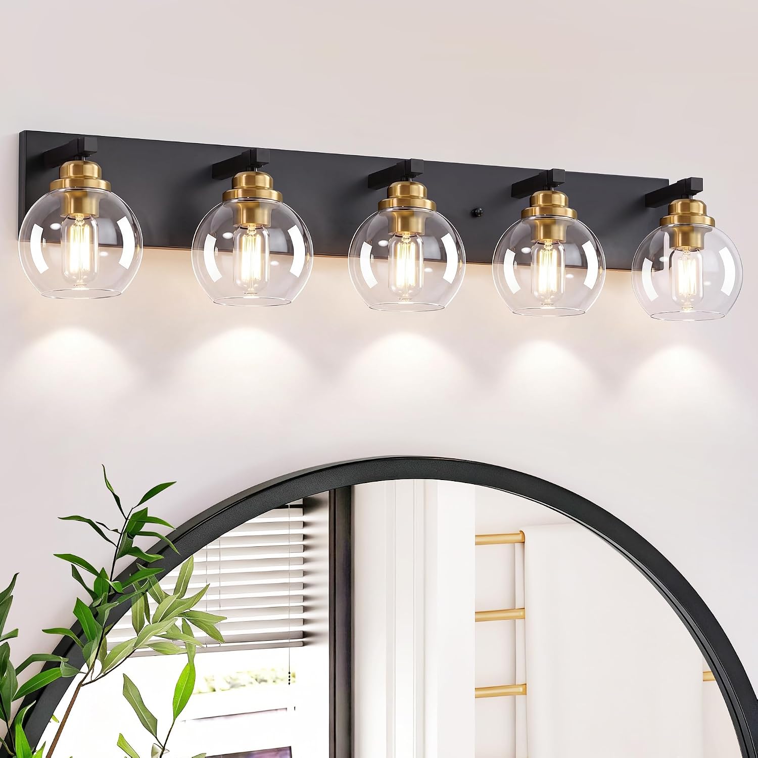 LmnLvn 5-Light Black Gold Vanity Light, Clear Glass | Bathroom light over mirror. Dimmable E26 bulbs (max 60W). Reversible up/down mount. Bedroom/hallway. 2-year warranty.
