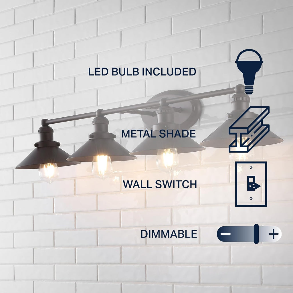 JONATHAN Y 36.25' Oil Rubbed Bronze 4-Light Industrial Farmhouse Metal Vanity Light Wall Sconce, Metal Shade for Bathroom Mirror, Kitchen, Entryway, LED Bulb Included (JYL7904A)