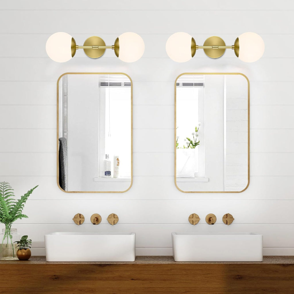 KoKo&Yukina 2 Pack Gold Vanity Light Fixtures Mid Century Modern Bathroom Vanity Light with Milky White Glass Globe Sconce Lights Fixture Vanity Lights for Bathroom (Bulb Include)