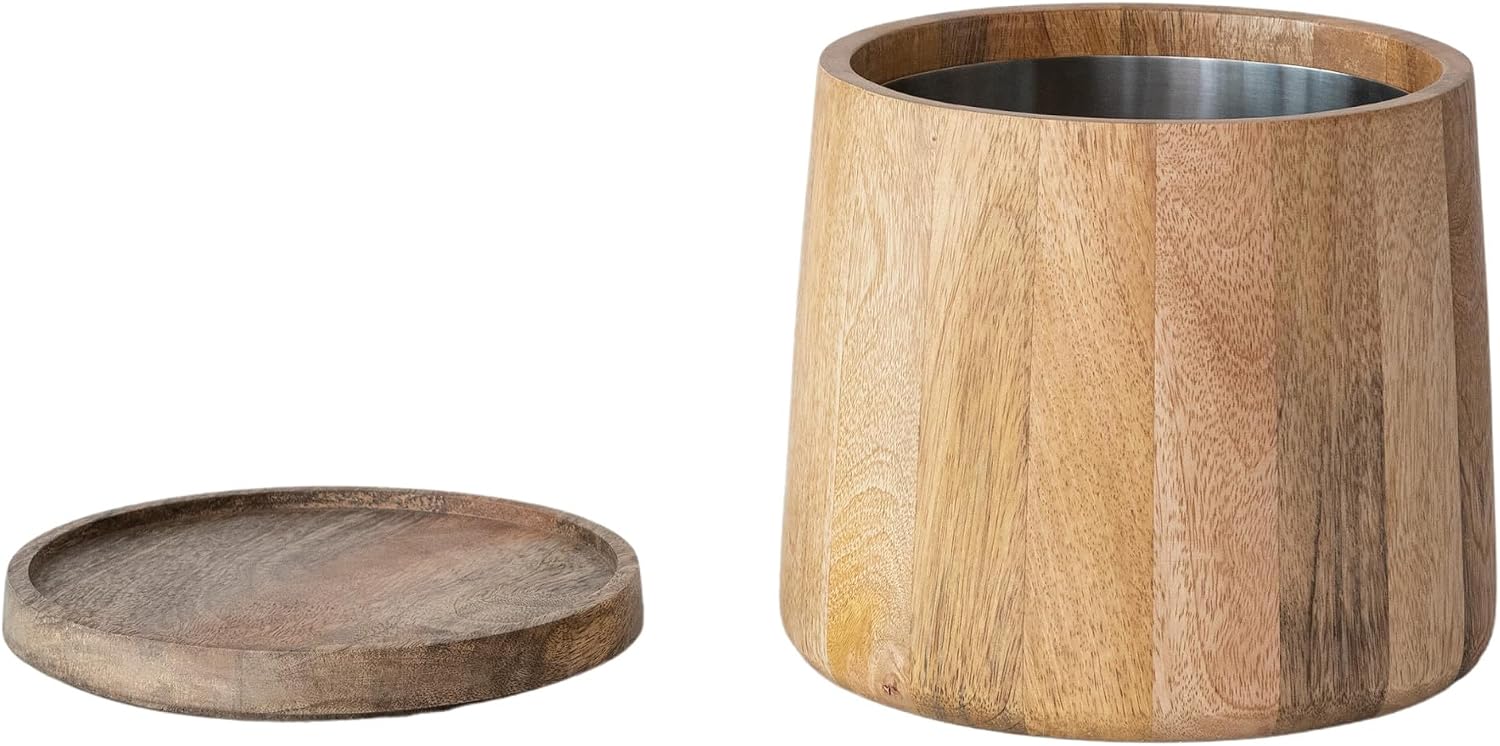 Creative Co-Op 3.75-Quart Mango Wood and Stainless Steel Ice Bucket with Lid, Natural