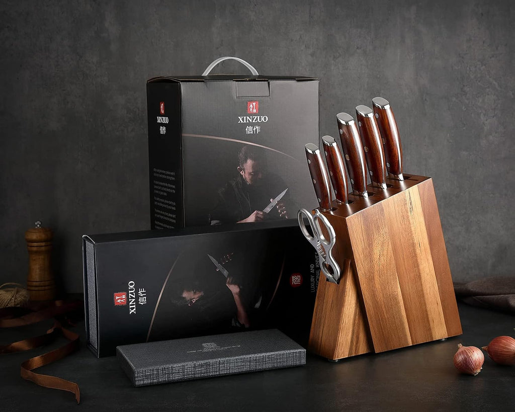 XINZUO 7PCS Knife Block Set,Professional Damascus Steel Chef Knife Santoku Bread Utility Fruit Knife with Multifunctional Kitchen Shears,Ergonomic Rosewood Handle
