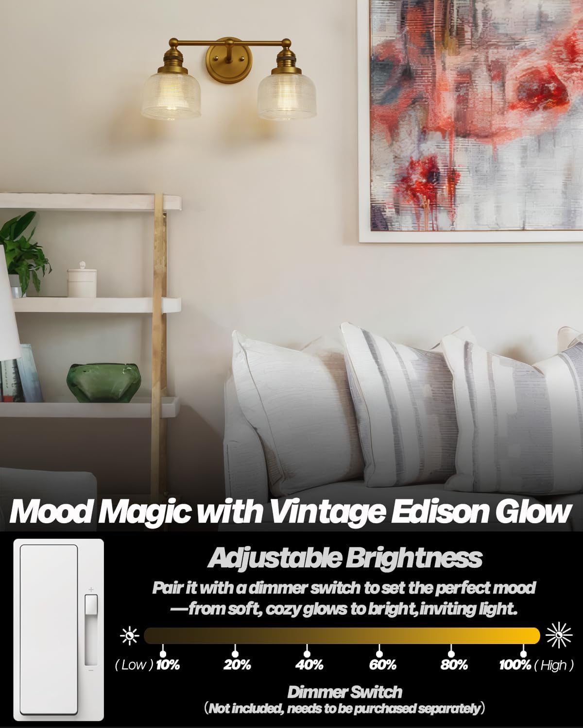 Double Vintage Gold Wall Sconces Antique Brass Bathroom Vanity Light with Clear Corrugated Glass Shade Indoor Hardwire Wall Sconce Lamp Lights for Bathroom Living Room Bedroom Kitchen