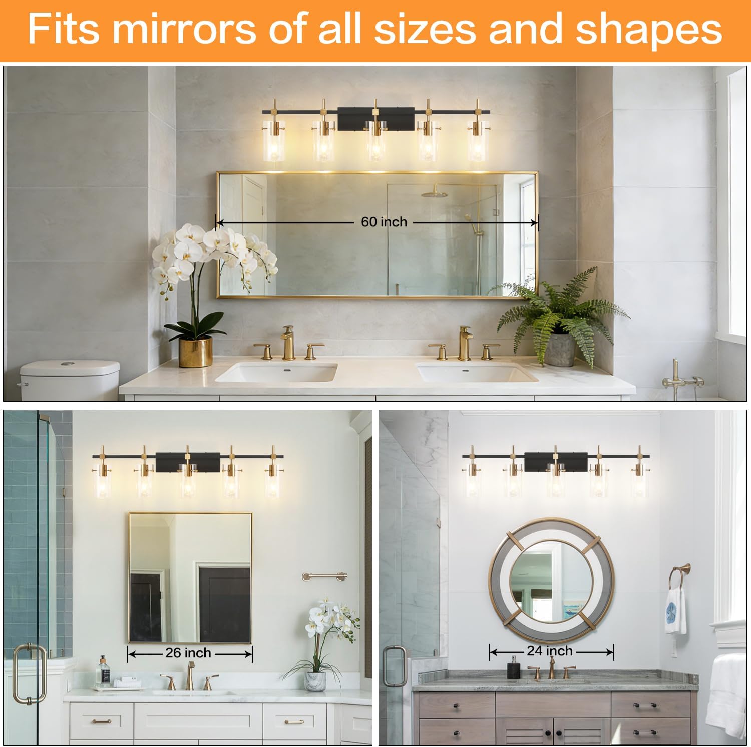 SOLFART 40.1 inch Vintage Brass Bathroom Vanity Light fixtures Bathroom Wall Lights Over Mirror with Glass Shade 5 Light