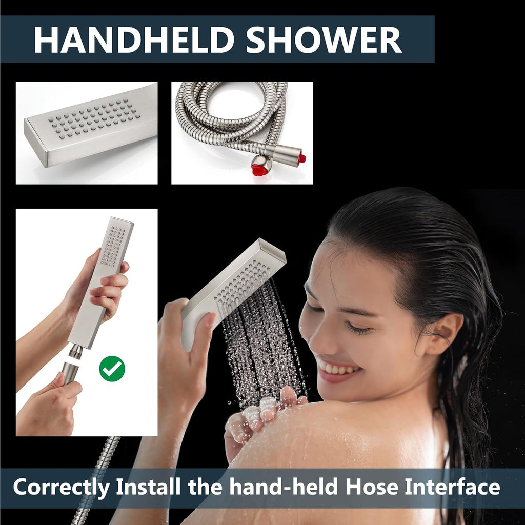 Aolemi Ceiling Mount Shower System Rain Shower Head with Handheld Spray High Pressure Shower Faucet Set Rough-in Valve Shower Trim Kit Included Bathroom Brushed Nickel 16 Inch Ceiling Shower Head
