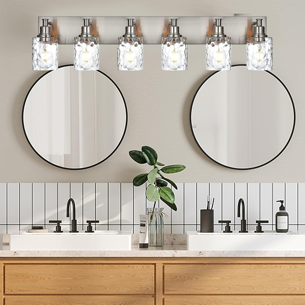 BONLICHT Vanity Light Fixture Brushed Nickel 6-Light Modern Farmhouse Wall Sconce Bathroom Lighting with Hammered Glass Industrial Wall Mount Lights for Kitchen Dining Room Cabinet Corridor